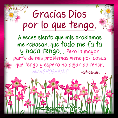 Gracias Dios por lo que tengo. A veces siento que mis problemas me rebasan, que todo me falta y nada tengo... Pero la mayor parte de mis problemas viene por cosas que tengo, y no quisiera dejar de tener.